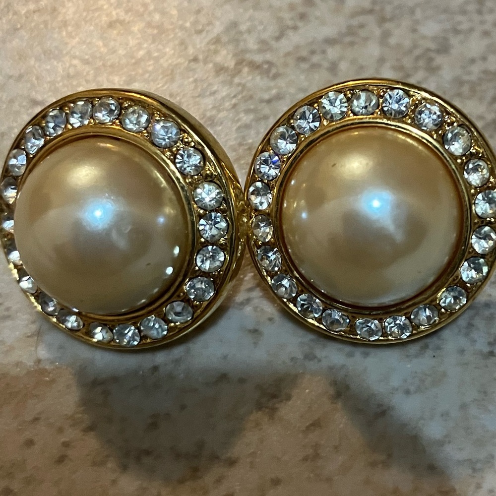 Large Faux Pearl Earrings Rhinestone